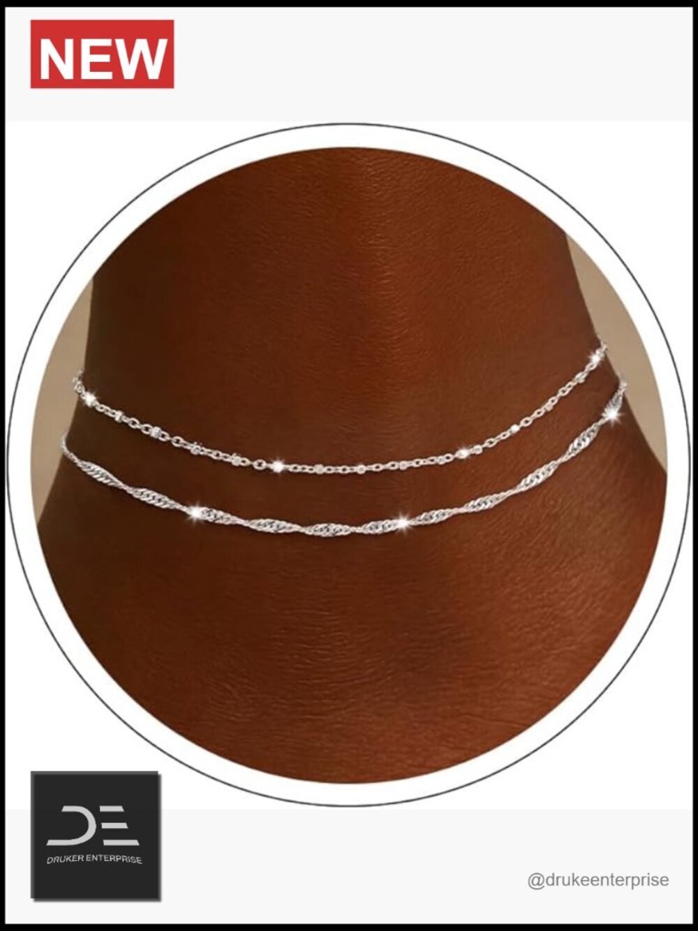 14K Silver Plated Layered Anklet with Square Beads, Waterproof Summer Jewelry